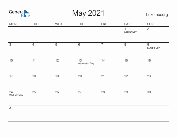 Printable May 2021 Calendar for Luxembourg