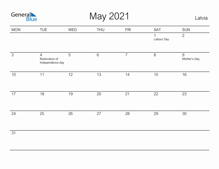 Printable May 2021 Calendar for Latvia