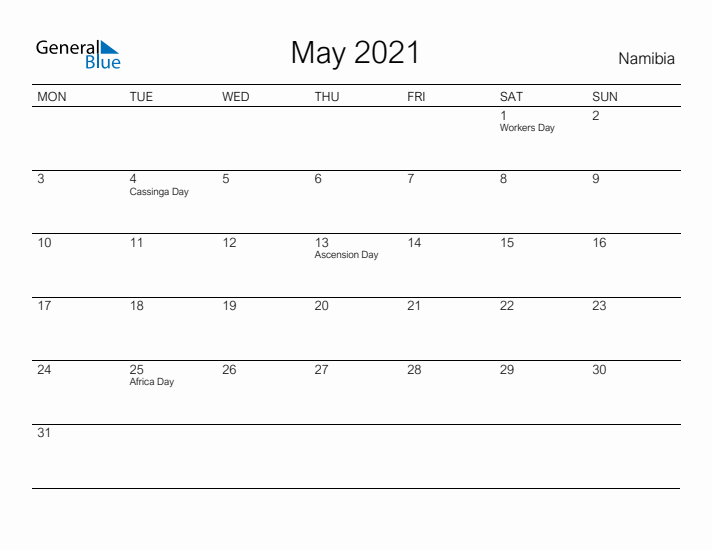 Printable May 2021 Calendar for Namibia