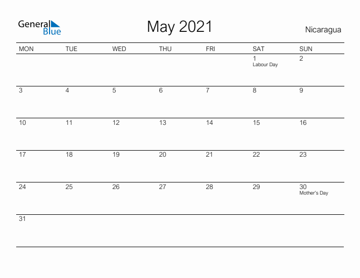 Printable May 2021 Calendar for Nicaragua