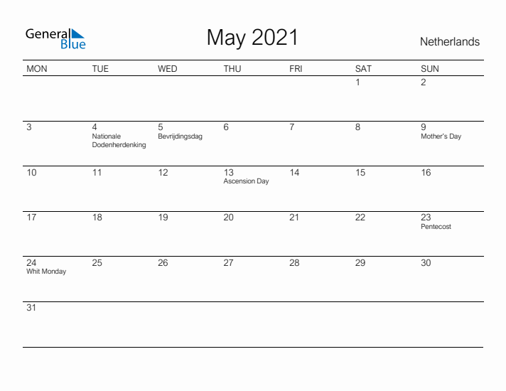Printable May 2021 Calendar for The Netherlands