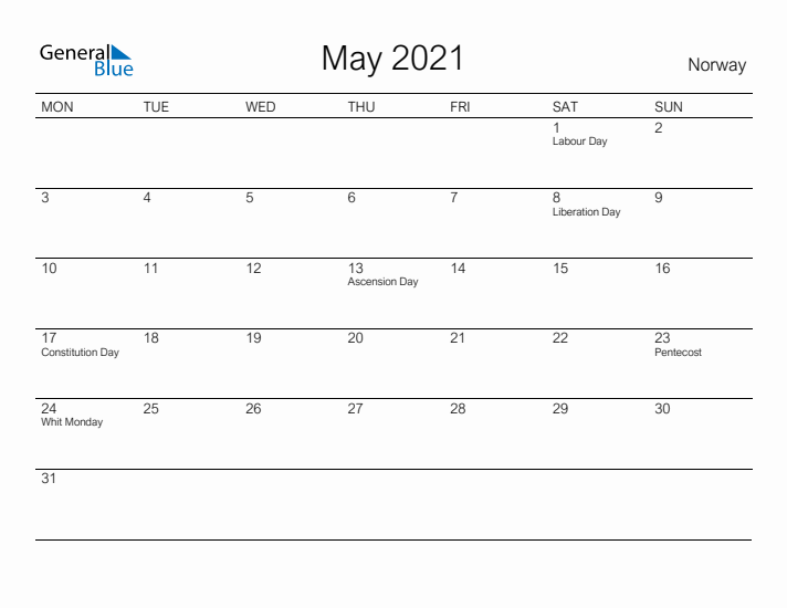 Printable May 2021 Calendar for Norway