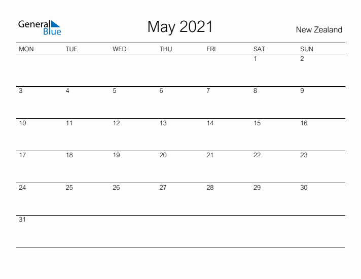 Printable May 2021 Calendar for New Zealand