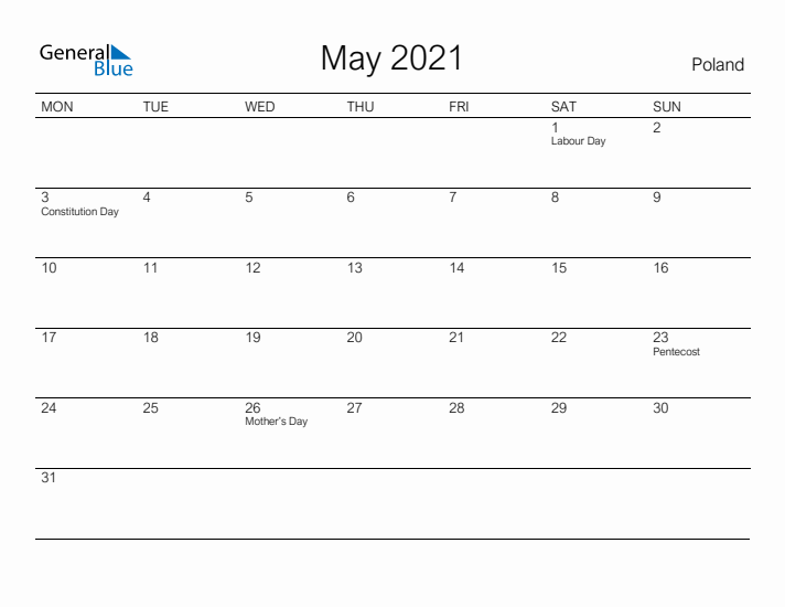 Printable May 2021 Calendar for Poland