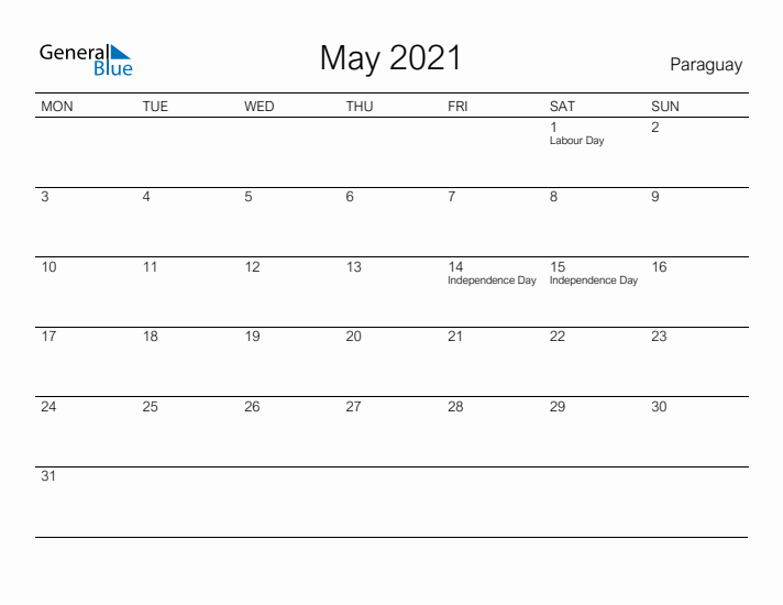 Printable May 2021 Calendar for Paraguay