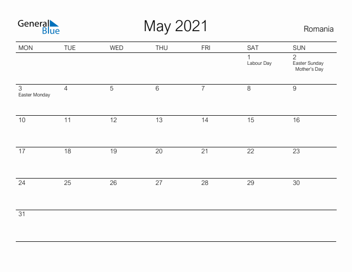 Printable May 2021 Calendar for Romania