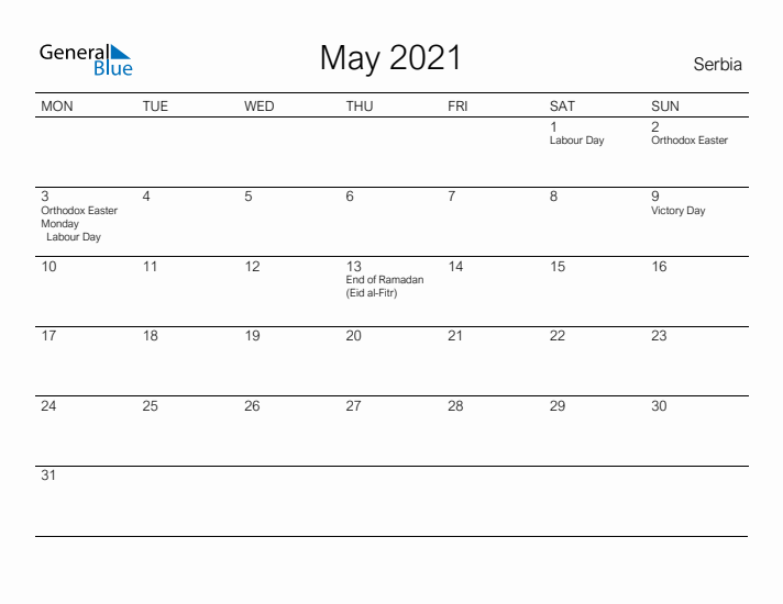 Printable May 2021 Calendar for Serbia