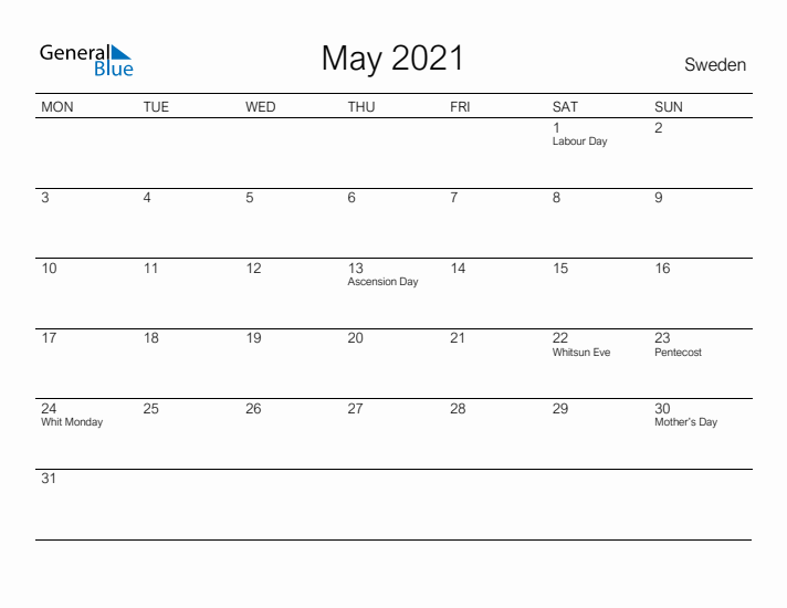 Printable May 2021 Calendar for Sweden