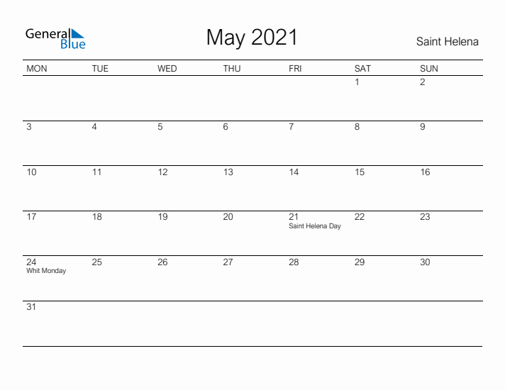 Printable May 2021 Calendar for Saint Helena