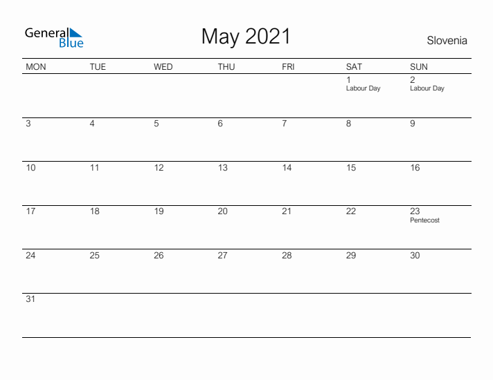 Printable May 2021 Calendar for Slovenia