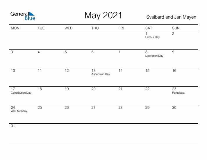 Printable May 2021 Calendar for Svalbard and Jan Mayen