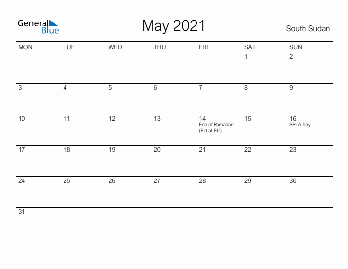 Printable May 2021 Calendar for South Sudan