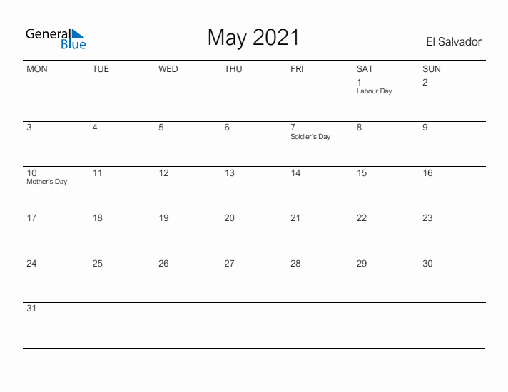 Printable May 2021 Calendar for El Salvador
