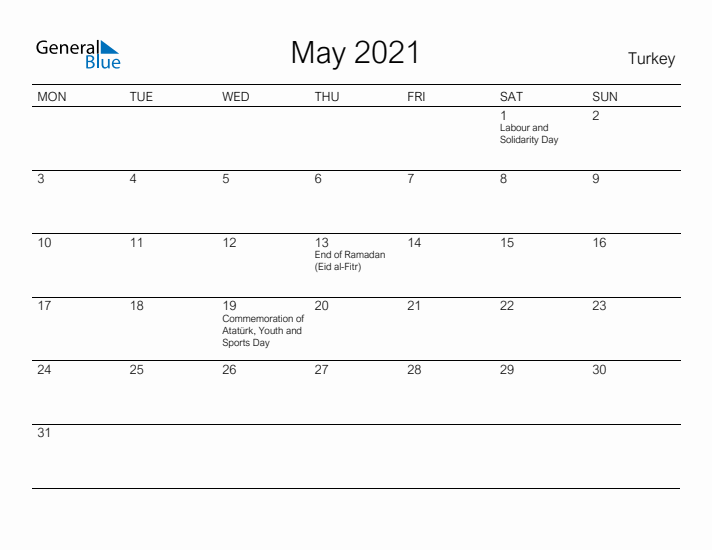 Printable May 2021 Calendar for Turkey