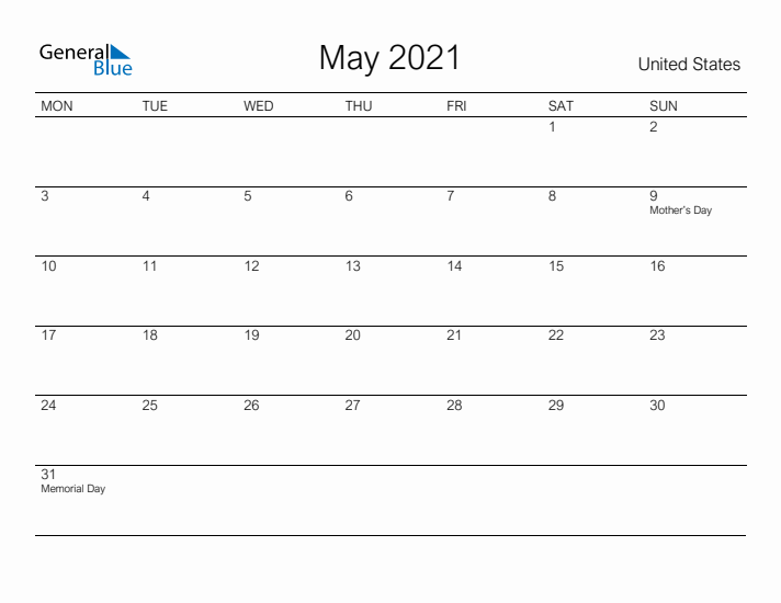 Printable May 2021 Calendar for United States