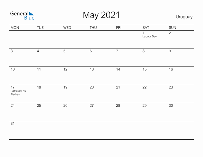 Printable May 2021 Calendar for Uruguay