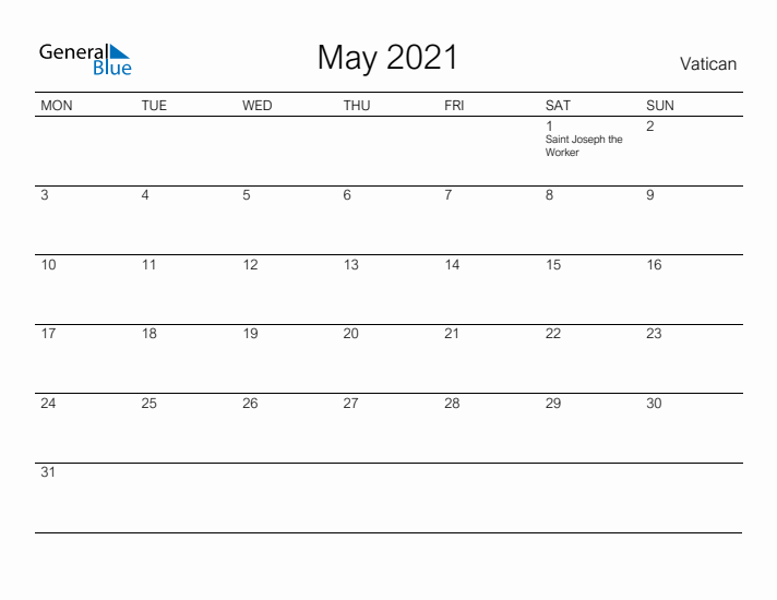 Printable May 2021 Calendar for Vatican