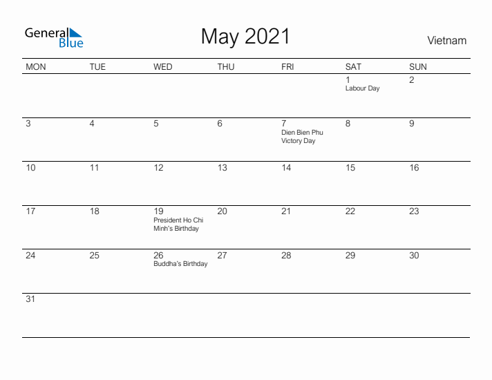 Printable May 2021 Calendar for Vietnam