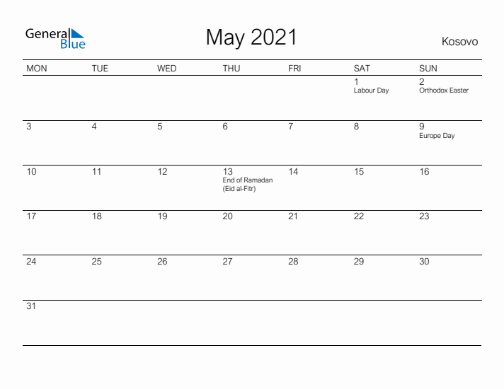 Printable May 2021 Calendar for Kosovo