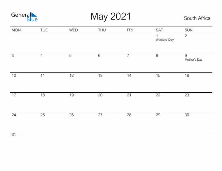 Printable May 2021 Calendar for South Africa