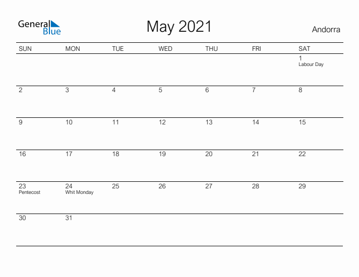 Printable May 2021 Calendar for Andorra