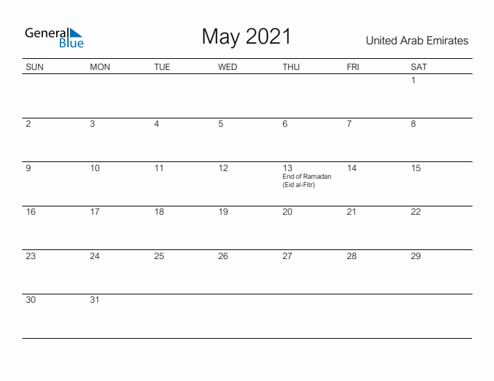 Printable May 2021 Calendar for United Arab Emirates