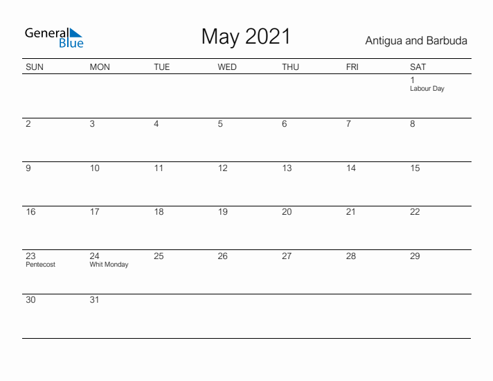 Printable May 2021 Calendar for Antigua and Barbuda
