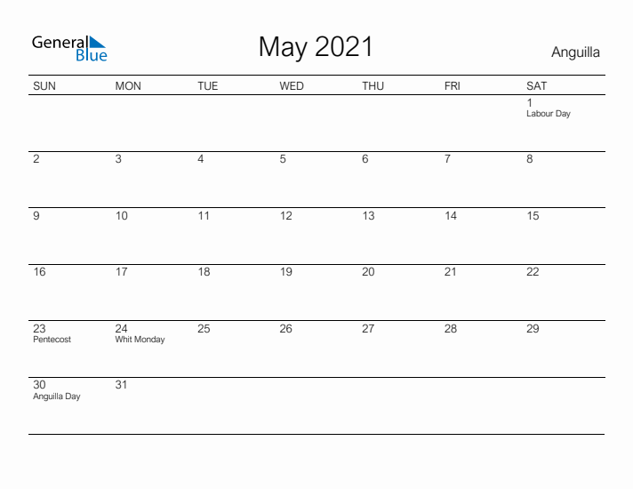 Printable May 2021 Calendar for Anguilla