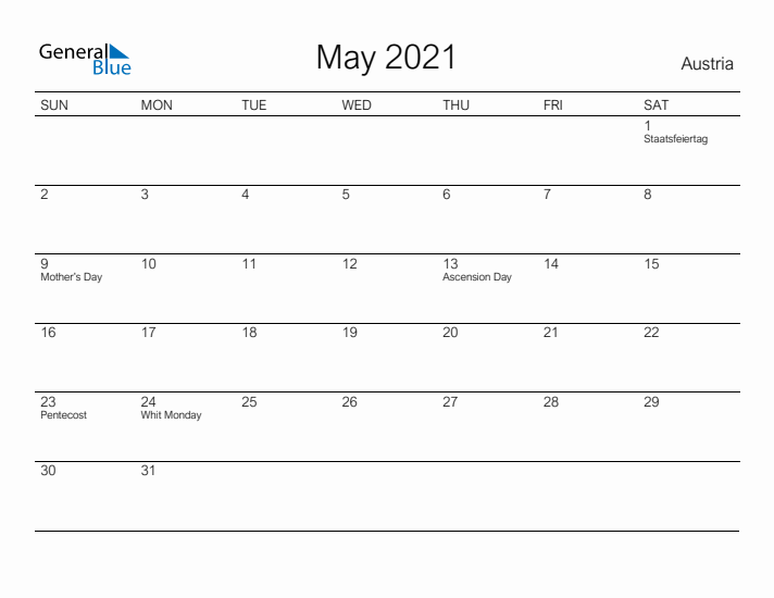 Printable May 2021 Calendar for Austria