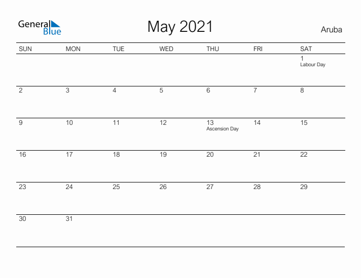 Printable May 2021 Calendar for Aruba