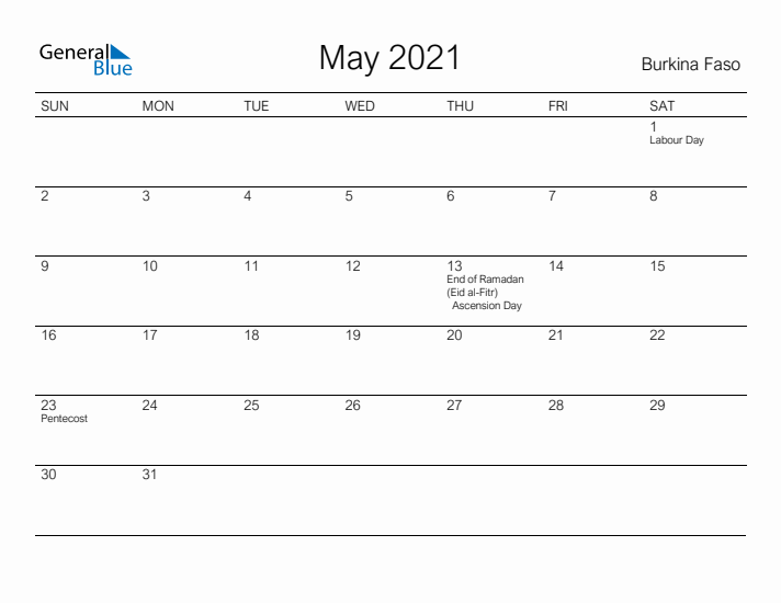 Printable May 2021 Calendar for Burkina Faso