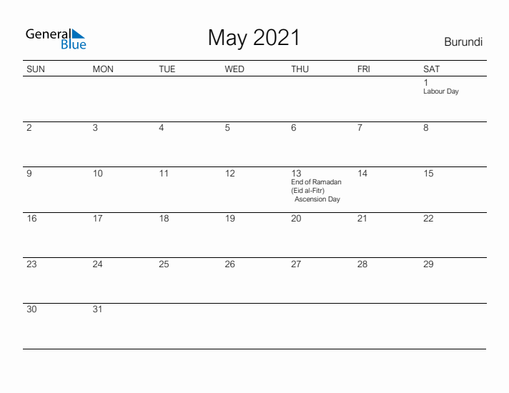 Printable May 2021 Calendar for Burundi
