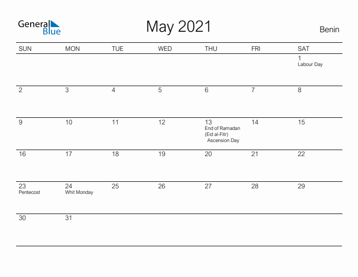 Printable May 2021 Calendar for Benin