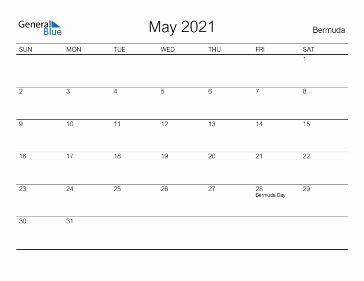 Printable May 2021 Calendar for Bermuda