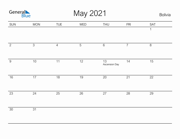 Printable May 2021 Calendar for Bolivia