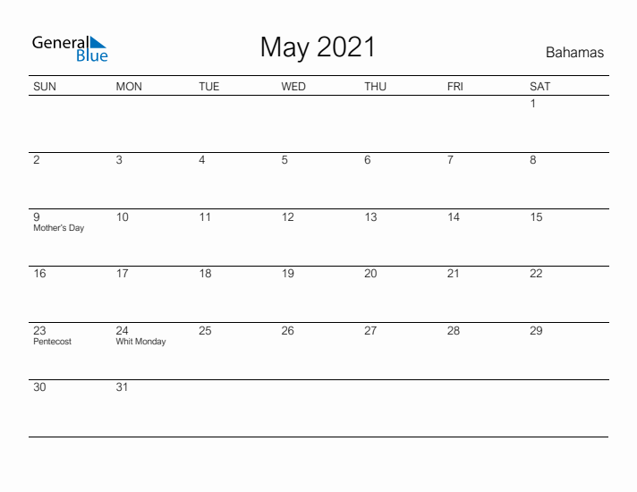 Printable May 2021 Calendar for Bahamas
