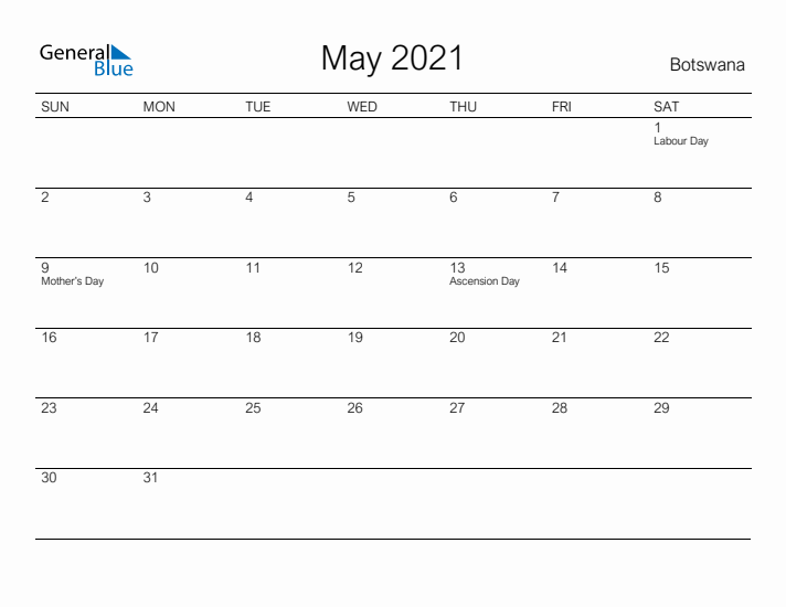 Printable May 2021 Calendar for Botswana
