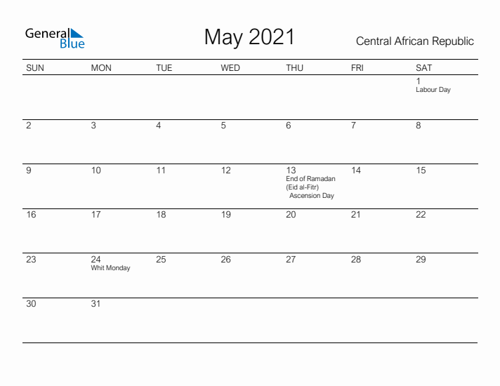Printable May 2021 Calendar for Central African Republic