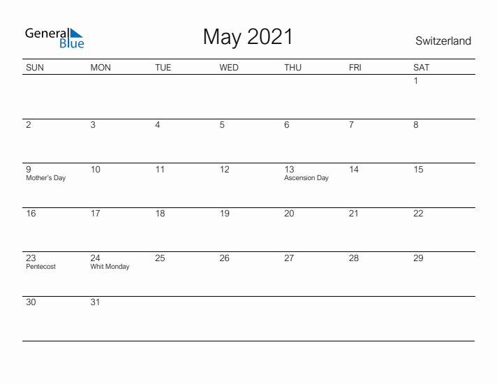 Printable May 2021 Calendar for Switzerland