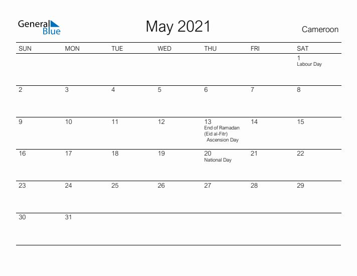 Printable May 2021 Calendar for Cameroon
