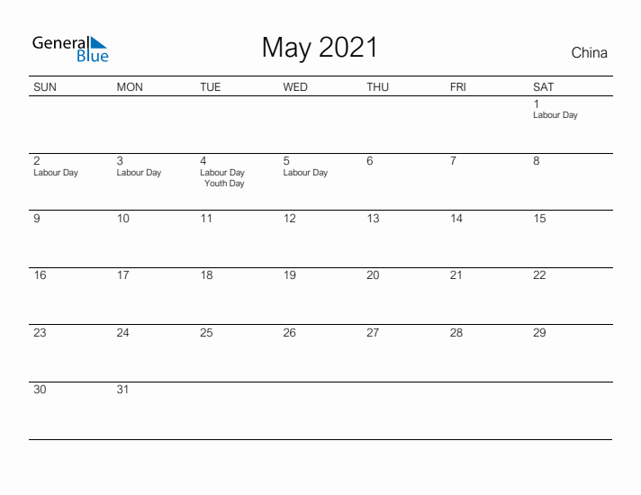 Printable May 2021 Calendar for China