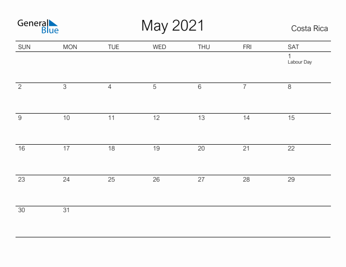 Printable May 2021 Calendar for Costa Rica