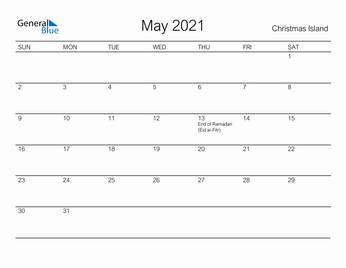 Printable May 2021 Calendar for Christmas Island
