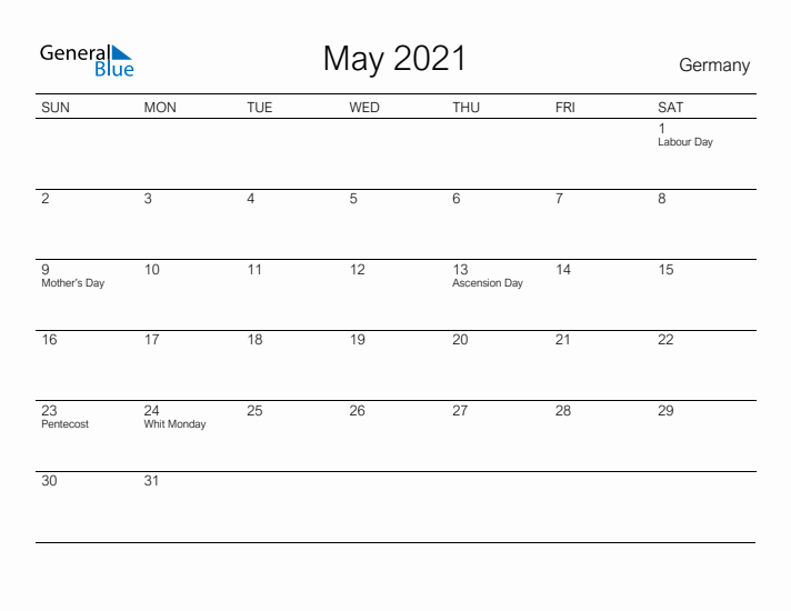 Printable May 2021 Calendar for Germany