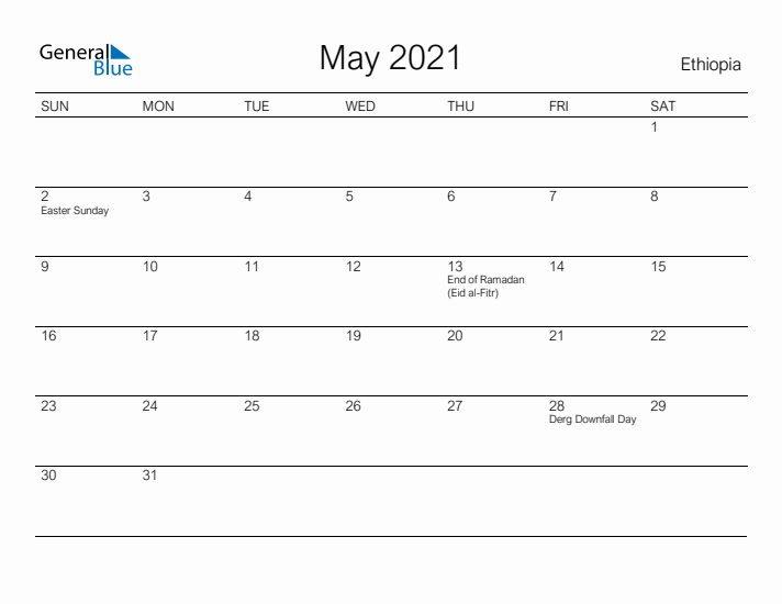 Printable May 2021 Calendar for Ethiopia