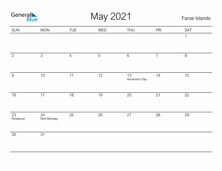 Printable May 2021 Calendar for Faroe Islands