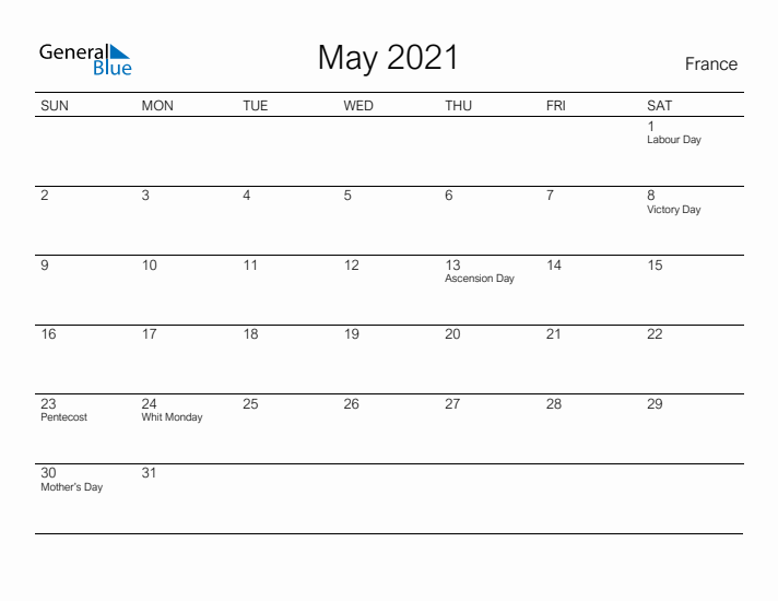 Printable May 2021 Calendar for France