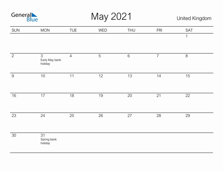 Printable May 2021 Calendar for United Kingdom