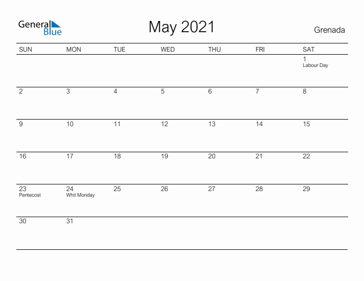 Printable May 2021 Calendar for Grenada