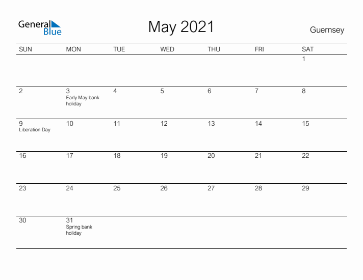 Printable May 2021 Calendar for Guernsey